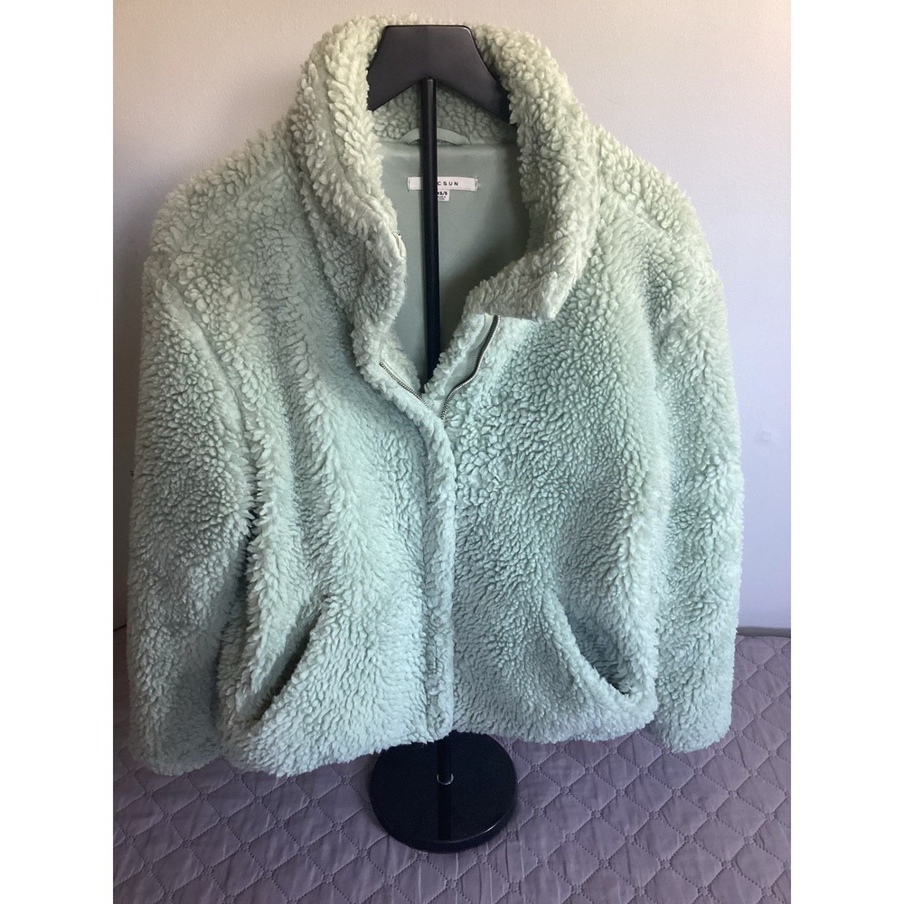 PacSun Womens‎ XS/S Mint Green Plush Faux Fur Full Zip Hooded Winter Jacket